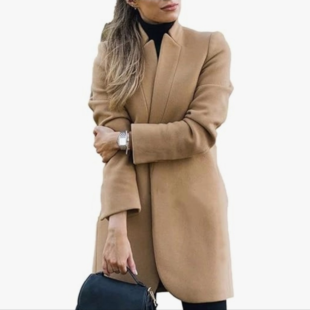 NWT Omoone Women's Stand Collar Slim Fit Jacket Pea Coat Notched Lapel Trench